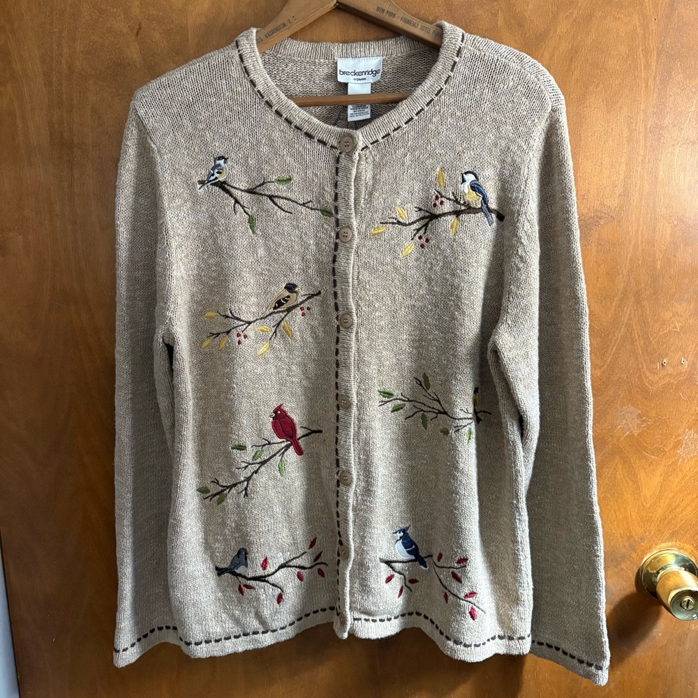 VINTAGE Embroidered Bird Oatmeal Button Down Cardigan Sweater 1X Slouchy Artsy